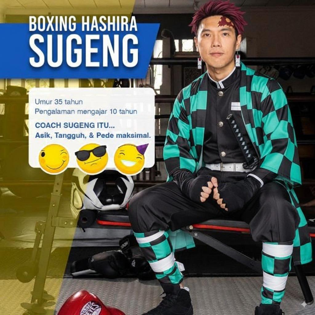 Coach Sugeng dalam kostum kotak-kotak hijau dan hitam; poster profil Boxing Hashira.